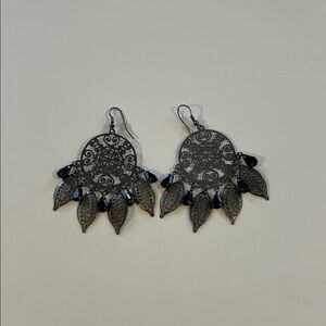 Black Filigree Dangle Earrings with Leaf Charms and Beads